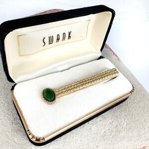 Vintage Swank Gold Tone Tie Clip Jade Green Stone Rope Twist in Original Box